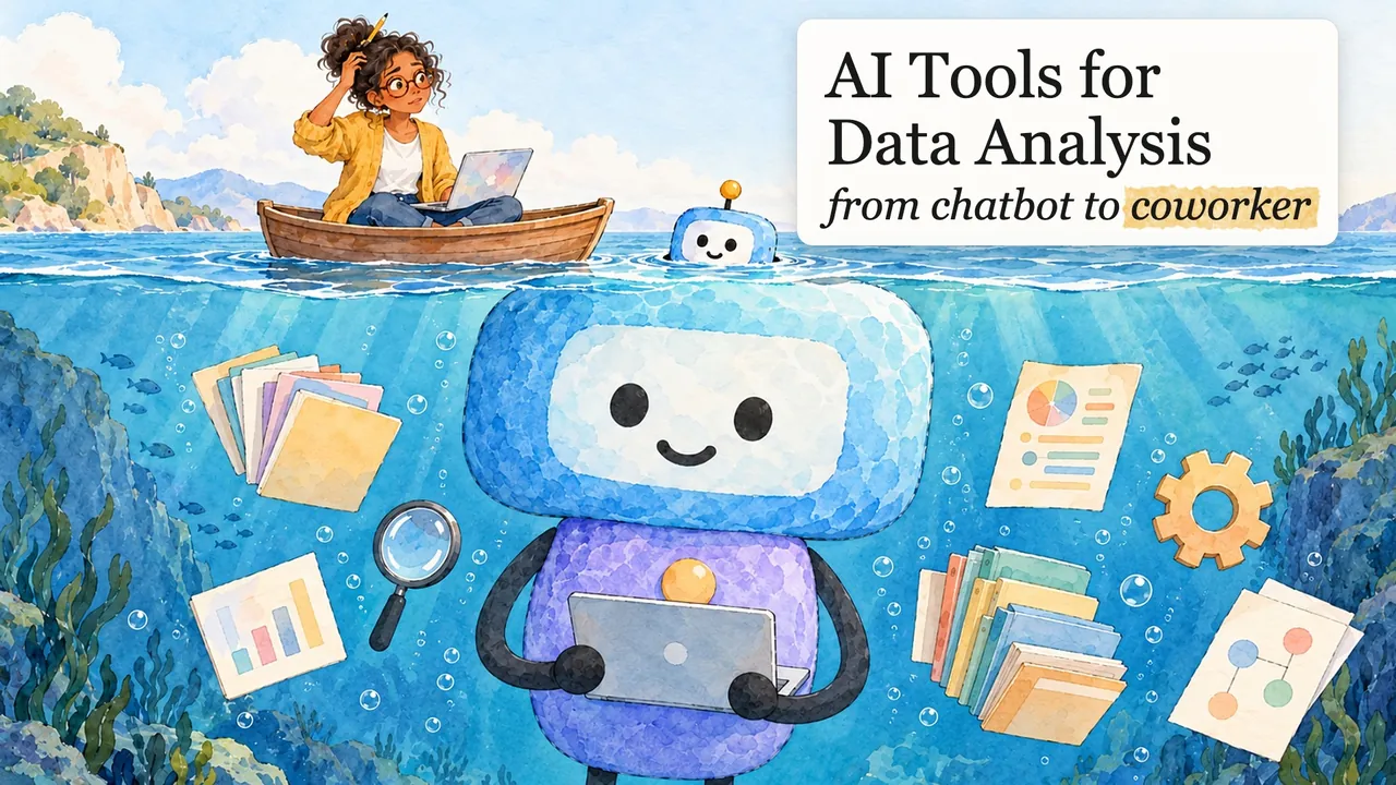 The course poster: an analyst in a rowing boat with her laptop; beside her only the robot’s head shows above the water, and below the surface the whole robot works at a laptop, with files, charts, a magnifying glass and a gear floating around it.