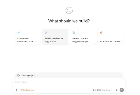 The Codex home screen, showing the Choose project row above the message box
