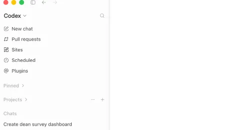 The Codex sidebar in the ChatGPT desktop app, with the Codex menu at the top left and New chat at the top of the list