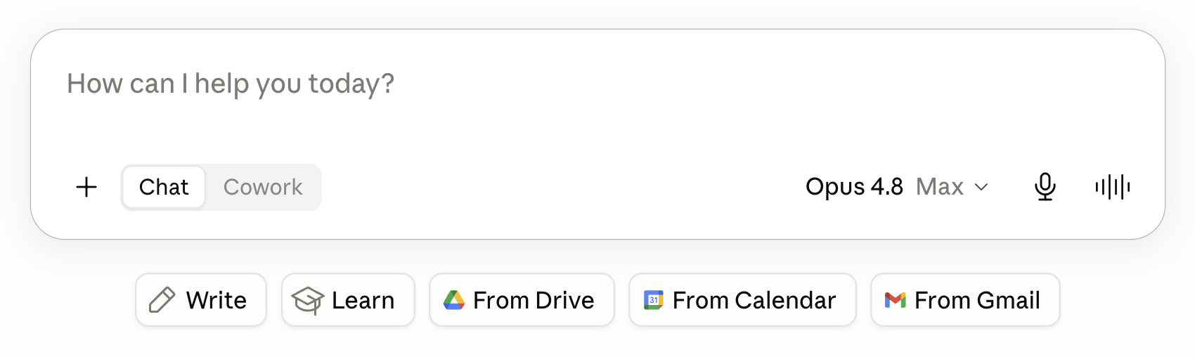 The Claude chat box, showing the Chat and Cowork toggle and the model selector