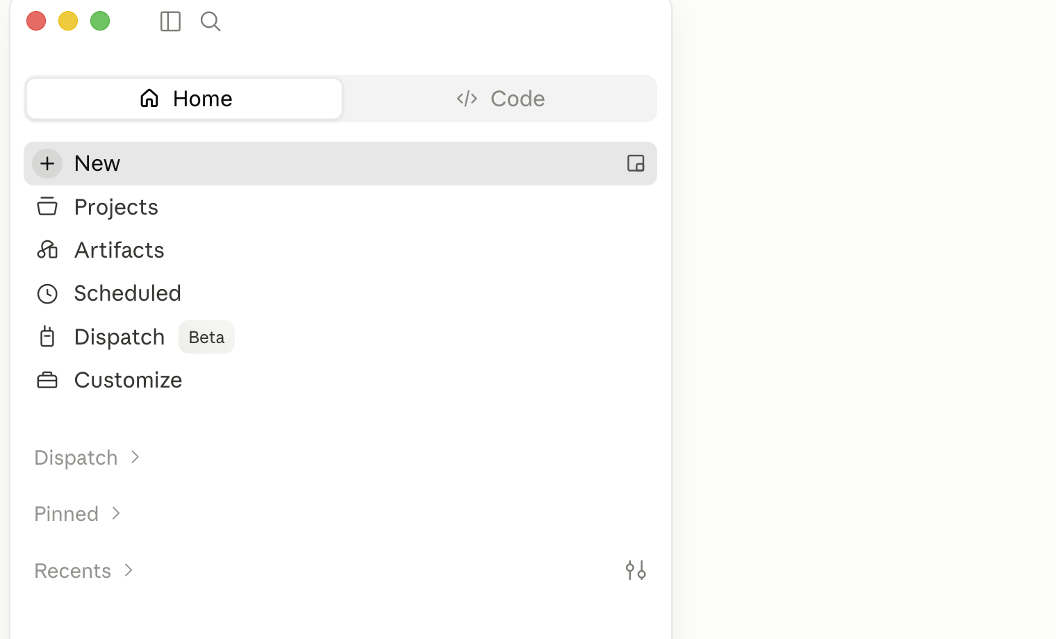 The Claude desktop sidebar, with New at the top of the list